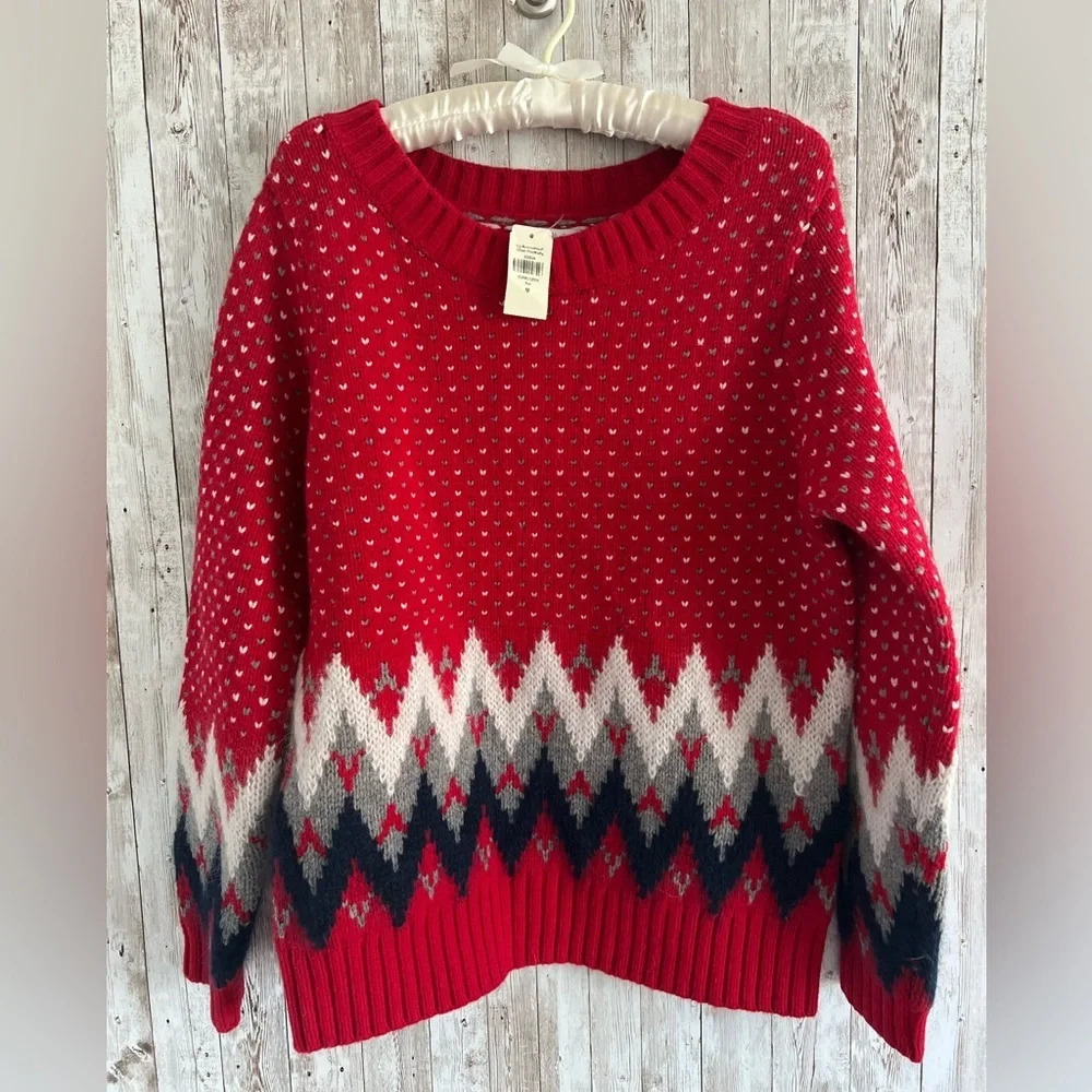 L.L. Bean Red Sweater with White and Navy Fair Isle Pattern